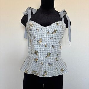 Reformation Kassi Linen Top Al Fresco Blue Gingham Top with Shoulder Bows